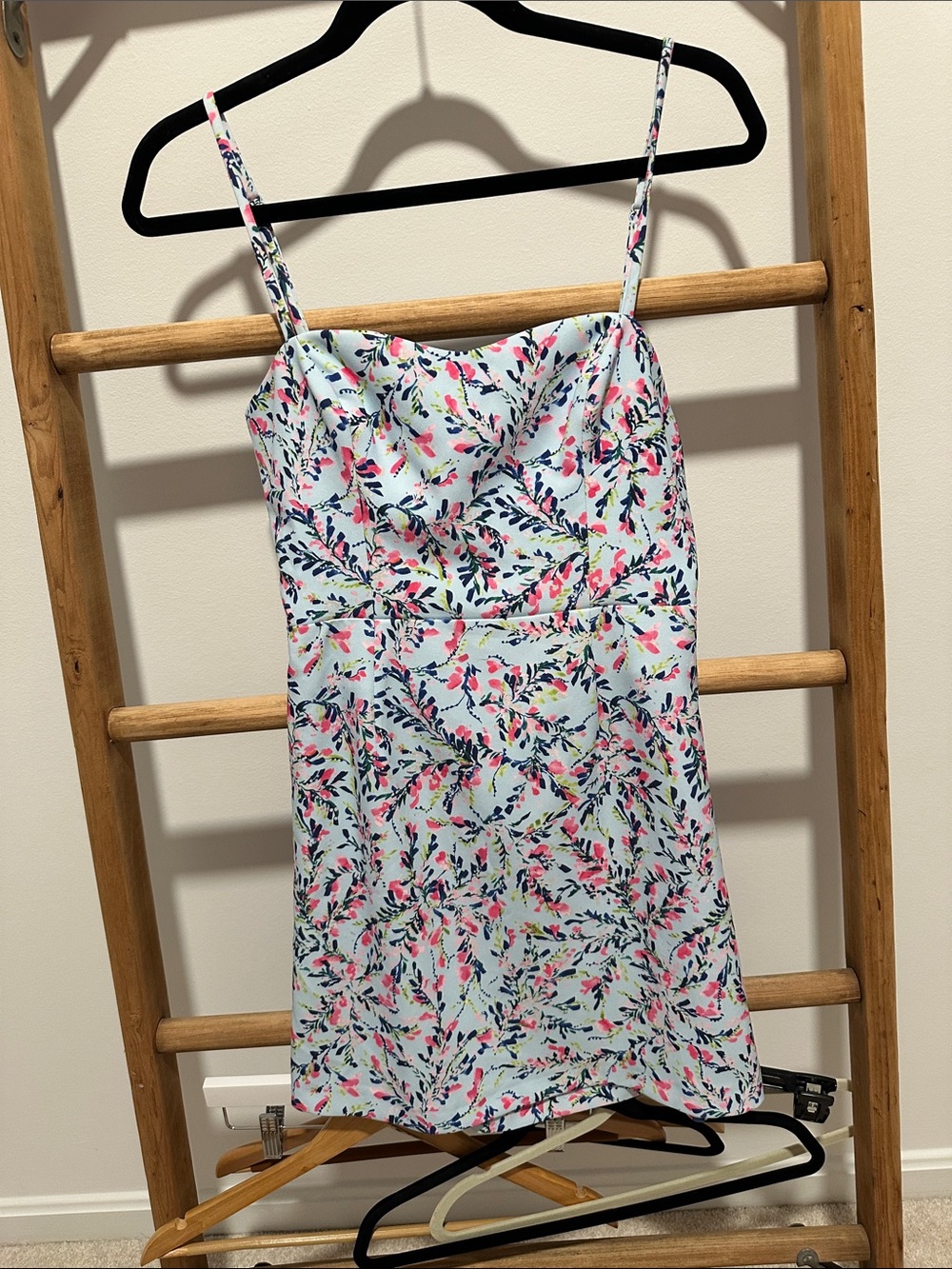 French connection -Floral Print Spaghetti-Strap One-Piece in Light Blue and Pink